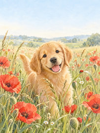Chiot golden retriever – Coquelicots dans l'herbe estivale sur Albert Klee