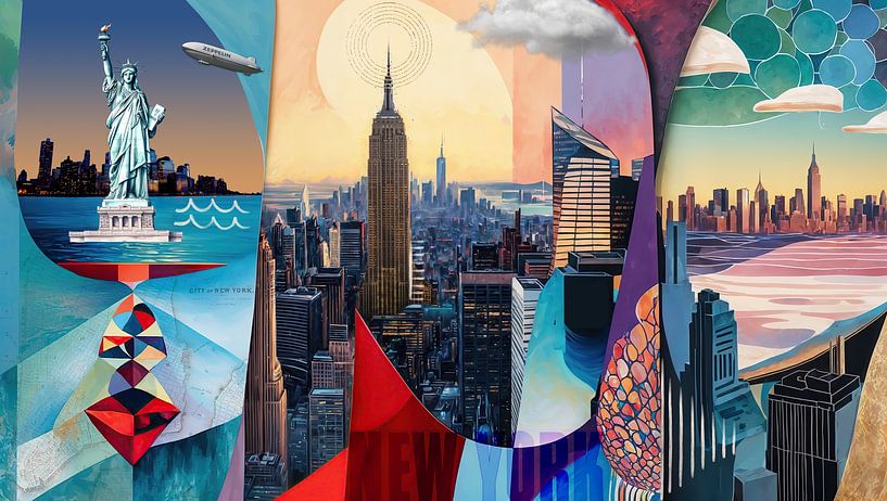 Skyline de New York avec Statue de la Liberté et Empire State - Art urbain abstrait et coloré par Arjen Roos