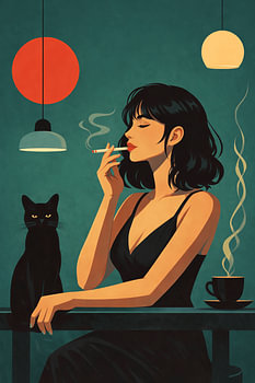 Poster ‘Vrouw met zwarte kat’ – Wanddecoratie in donkere caféstijl
