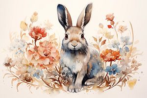 Aquarell eines mythischen Kaninchens mit gemalten Frühlingsblum