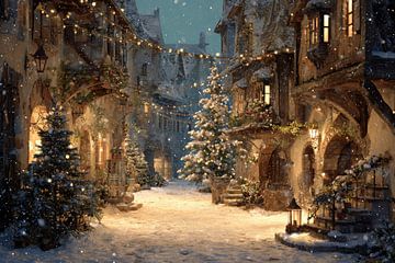 Kerststraat in Sneeuwval Warme Lichtjes en Winterpracht van Eva Lee