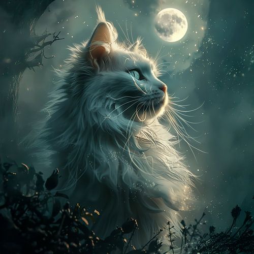 Witte mystieke kat in het maanlicht - Zachte stilte van de nacht