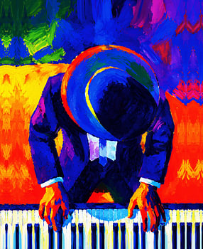 Jazz Pianist in Blue – Vibrant Color Music Painting