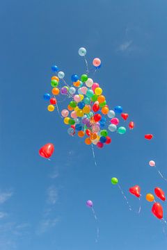 Kleurrijke ballonnen vliegen de lucht in van Denny Gruner