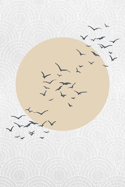 Japandi. Abstract landscape with pastel yellow sun and birds on Japanese bullseye pattern by Dina Dankers