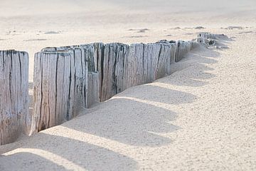 Houten golfbrekers in het zand van Marjolijn van den Berg