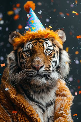 Grappige tijger viert verjaardag met taart en feestmuts