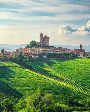 Langhe wijngaarden en Serralunga d'Alba dorp, Italië van Stefano Orazzini