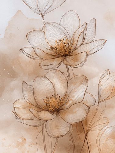 Minimalistische lijntekening van helleborusbloemen in zachte beige aquarelstijl van But First Framing