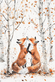 Des renards dans une forêt de bouleaux : un duo automnal enjoué à l'aquarelle sur Eva Lee