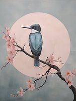 Kingfisher on blossom branch, Japandi
