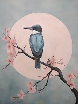 Kingfisher on blossom branch, Japandi by Caroline Guerain