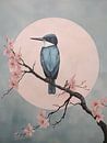 Kingfisher on blossom branch, Japandi by Caroline Guerain thumbnail
