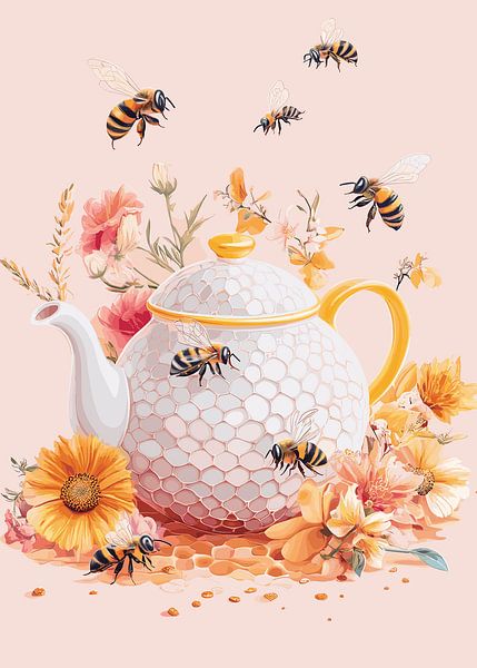 Théière avec abeilles et fleurs en fleurs par Pixelbull Design