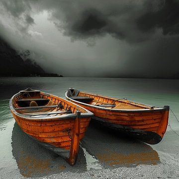 Stormachtige woken boven de houten boten op de Adriatische Zee van Karina Brouwer