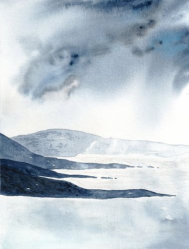 Grey coastal landscape with rays of sunshine