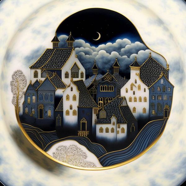 Miniature town plates porcelain houses trees art deco surreal by gm_designs