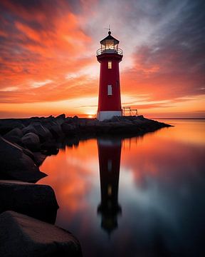 Vuurtoren bij zonsondergang van fernlichtsicht