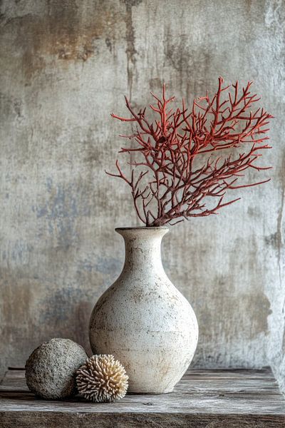 Elegant still life with red coral on wooden table by Digitale Schilderijen