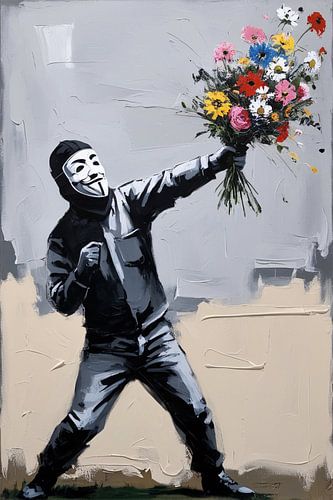 Gemaskerde protesteerder met bloemen