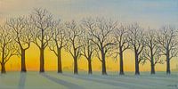 Row of trees in winter with rising sun. Acrylic painting by Marlies Huijzer.