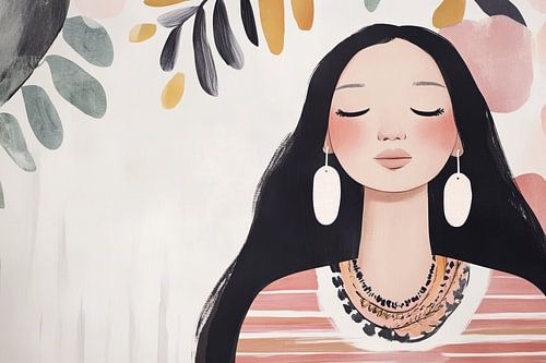 Femme sereine | Femme aux yeux fermés et feuilles