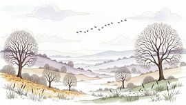 Watercolor Landscape with Hills, Bare Trees, and Birds in Flight by Markus Gann