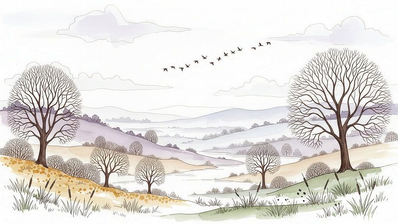 Watercolor Landscape with Hills, Bare Trees, and Birds in Flight by Markus Gann