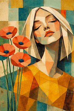 Geometric Woman Portrait with Poppy Flowers