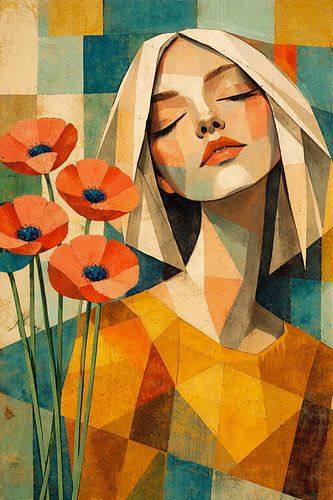 Geometric Woman Portrait with Poppy Flowers