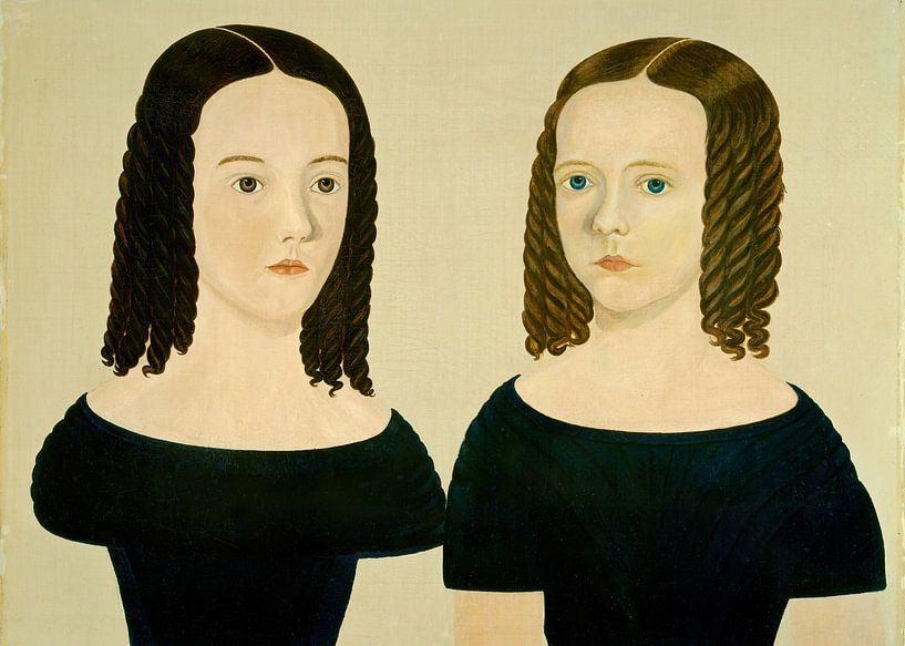 American 19th Century, Sisters, c. 1840, NGA. Portrait of two girls in black dresses by Dina Dankers