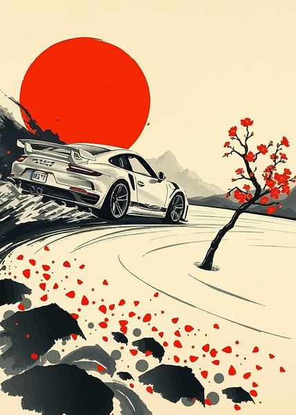 Porsche 911 GT3 RS Japanese Sumi-e Painting by MIROKKU