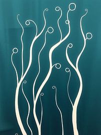 Vignes botaniques fantaisistes sarcelles et blanches : Une impression d'art abstrait moderne et serein