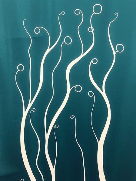 Vignes botaniques fantaisistes sarcelles et blanches : Une impression d'art abstrait moderne et serein par Artistic
