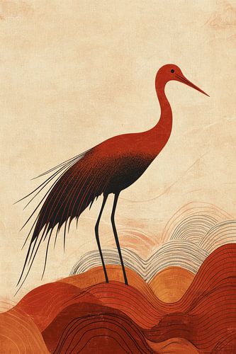 Red Grace Bird in Abstract Landscape