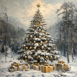 Kerstboom | Kerstboom in Sneeuw van Abstract Schilderij