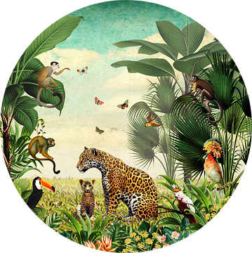 Jungle met luipaard, apen, toekan en tropische vogels van Studio POPPY