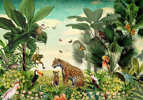 Jungle avec léopard, singes, toucan et oiseaux tropicaux