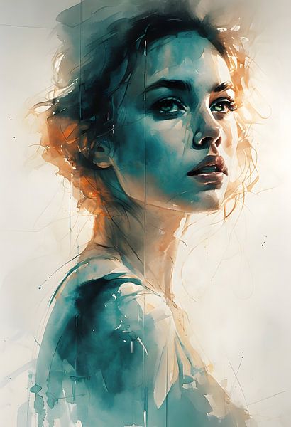 Aquarel portret van een jonge vrouw met introspectieve uitdrukking van Ljupka Kareska