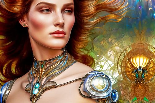 Femme élégante aux cheveux roux et aux bijoux filigranés