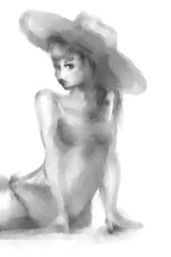 Femme au chapeau - œuvre figurative dans les tons gris sur Emiel de Lange