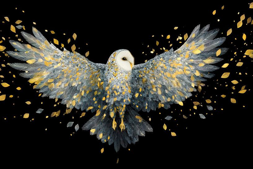 Eule mit vergoldeten Flügeln im Flug von Matthias Hauser