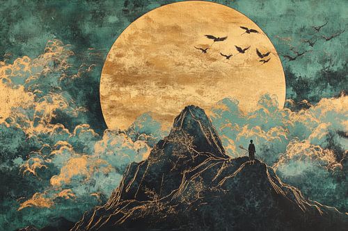 Verfijnde bergtoppen en cirkelende vogels in gouden lucht