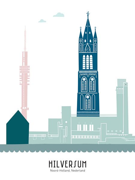 Skyline illustration Hilversum in colour by Mevrouw Emmer