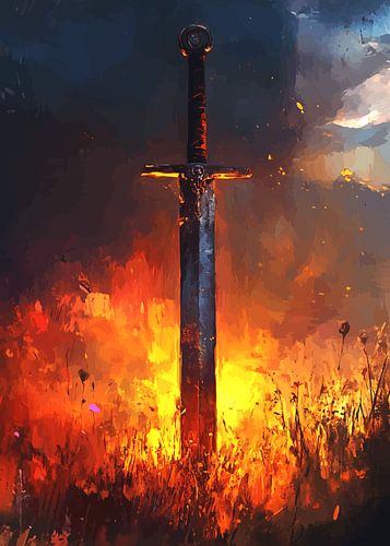 Zwaard in het vlammende veld bij zonsondergang