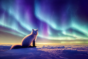 Polarfuchs sitzt in der Arktis mit Aurora Borealis Illustration
