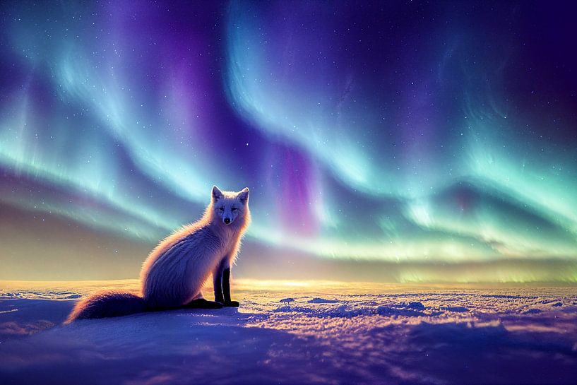 Poolvos zittend in het noordpoolgebied met Aurora Borealis illustratie van Animaflora PicsStock