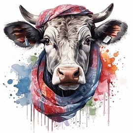 Porträt einer Kuh, Aquarell-Kunstdesign und buntes Kopftuch