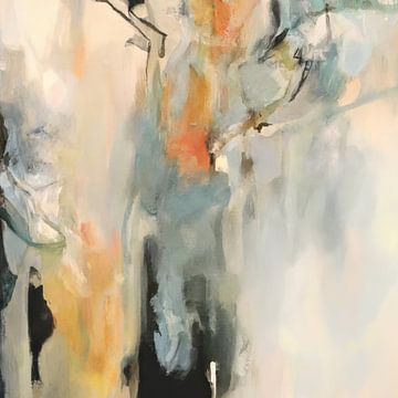 Modern abstract schilderij in wit, zwart, oranje, blauw en groen van Studio Allee