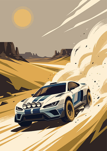 Rally car drifting through sandy dunes near Monument Valley